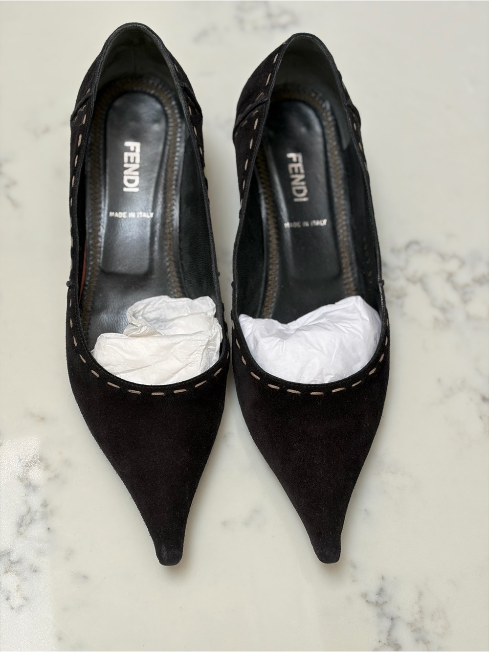 Fendi Black Suede Pointed Toe Pumps with Stitch Detail